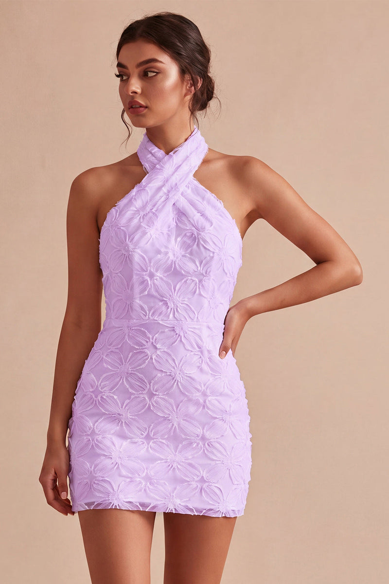Load image into Gallery viewer, White Halter Neck Floral Tight Short Graduation Dress