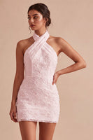 Load image into Gallery viewer, White Halter Neck Floral Tight Short Graduation Dress