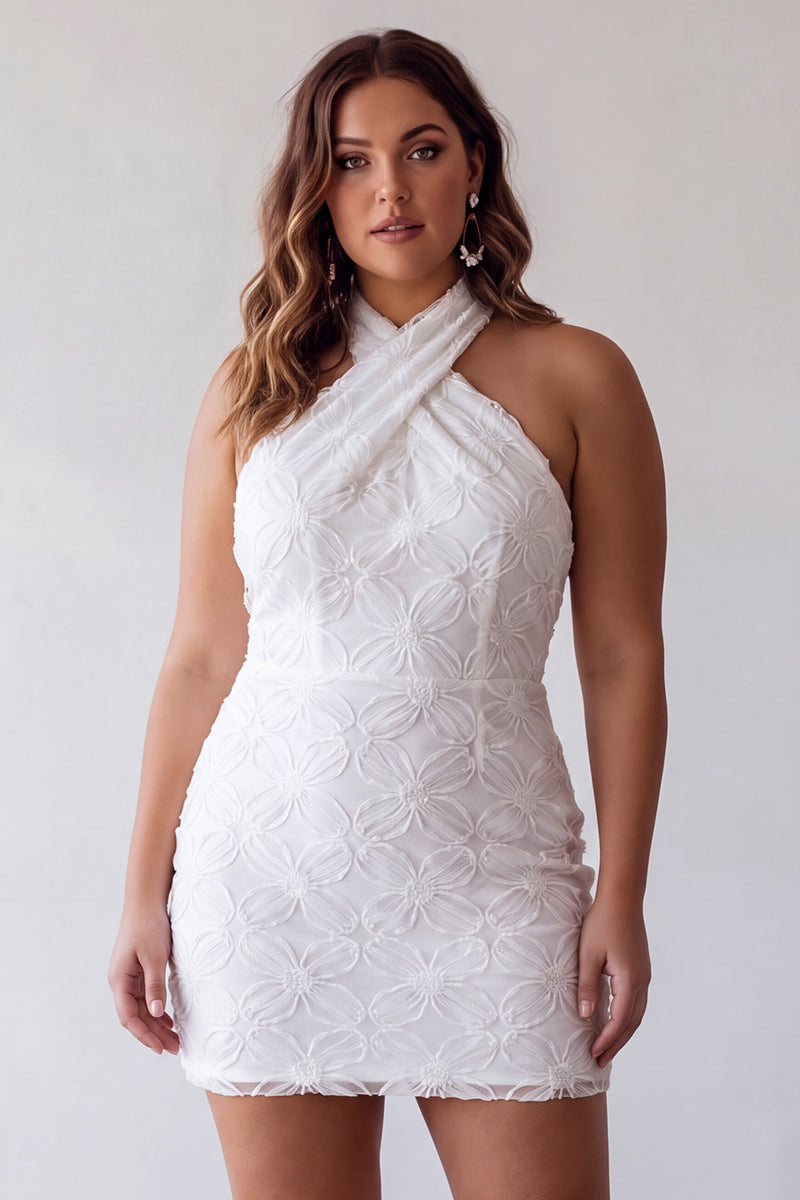 Load image into Gallery viewer, White Halter Neck Floral Tight Short Graduation Dress