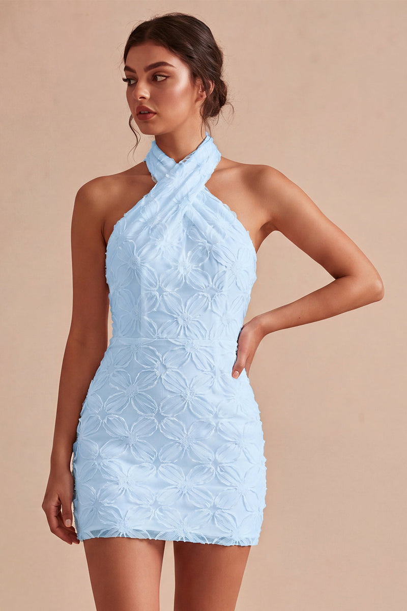 Load image into Gallery viewer, White Halter Neck Floral Tight Short Graduation Dress