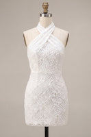 Load image into Gallery viewer, White Halter Neck Floral Tight Short Graduation Dress