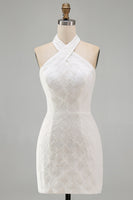 Load image into Gallery viewer, White Halter Neck Floral Tight Short Graduation Dress