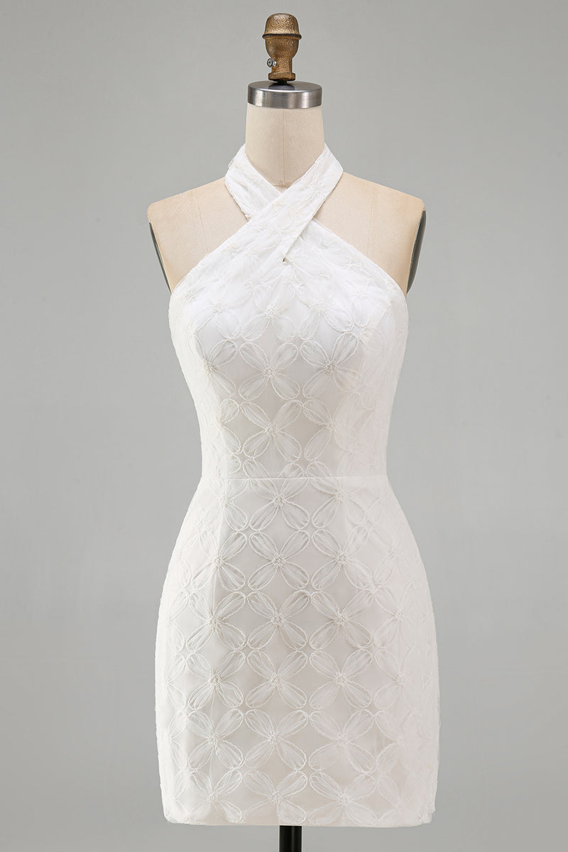Load image into Gallery viewer, White Halter Neck Floral Tight Short Graduation Dress