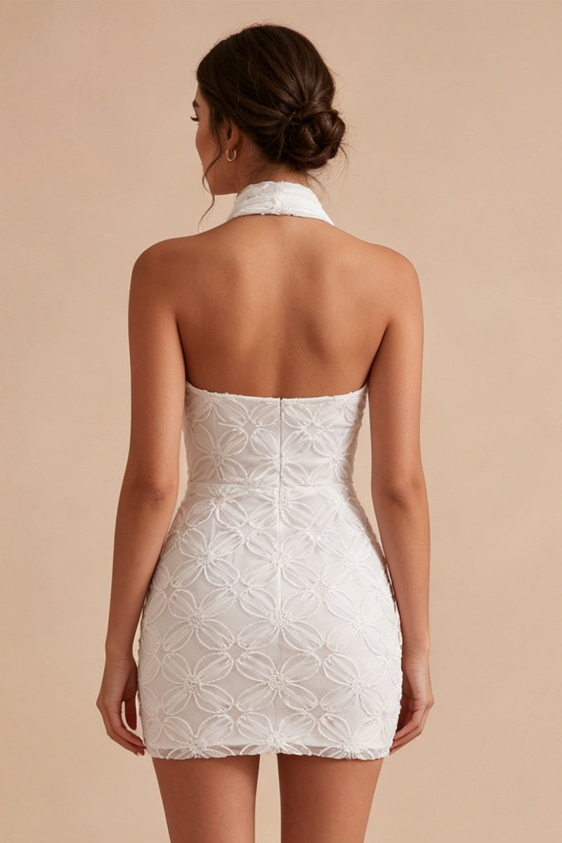Load image into Gallery viewer, White Halter Neck Floral Tight Short Graduation Dress