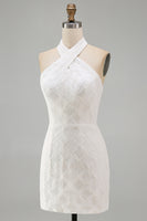 Load image into Gallery viewer, White Halter Neck Floral Tight Short Graduation Dress