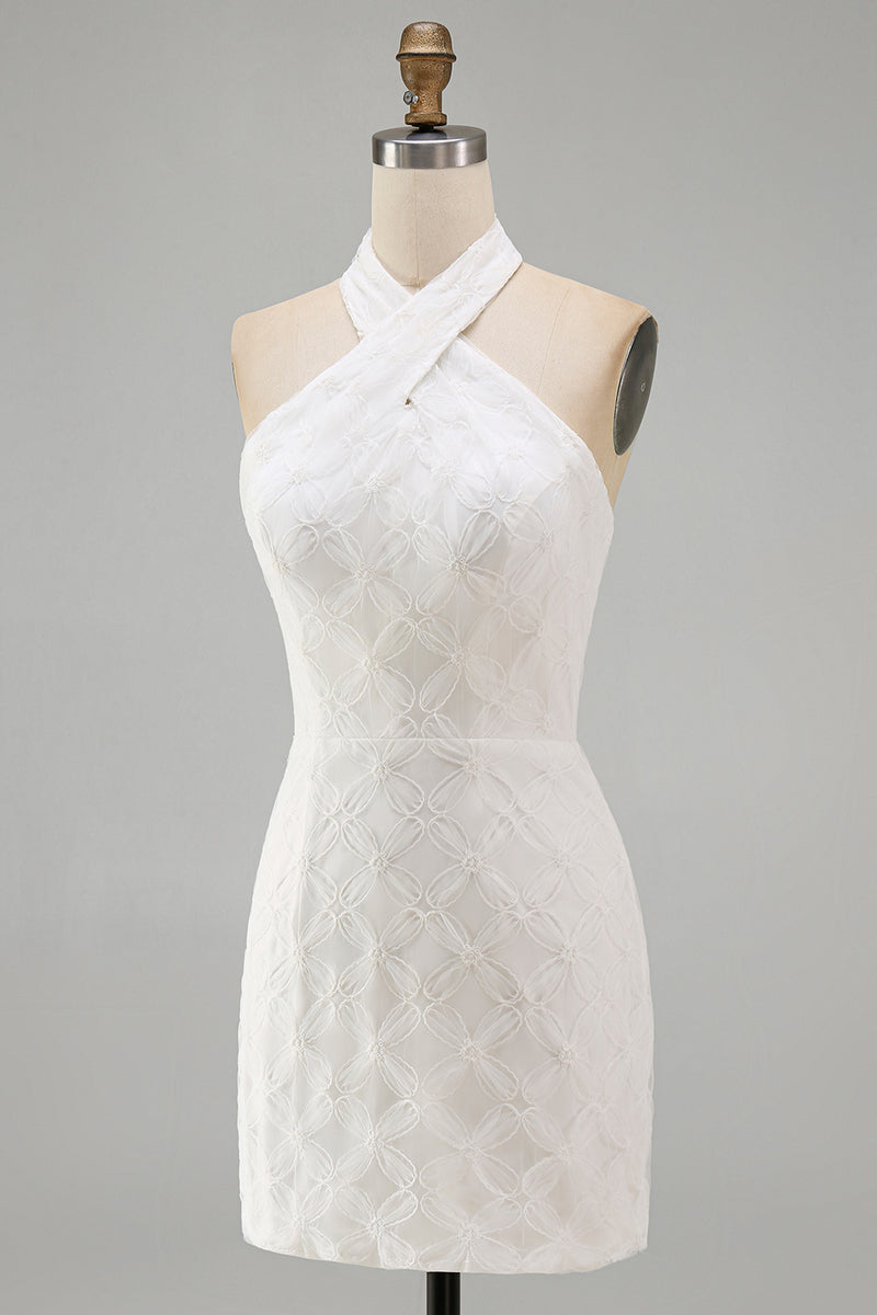 Load image into Gallery viewer, White Halter Neck Floral Tight Short Graduation Dress