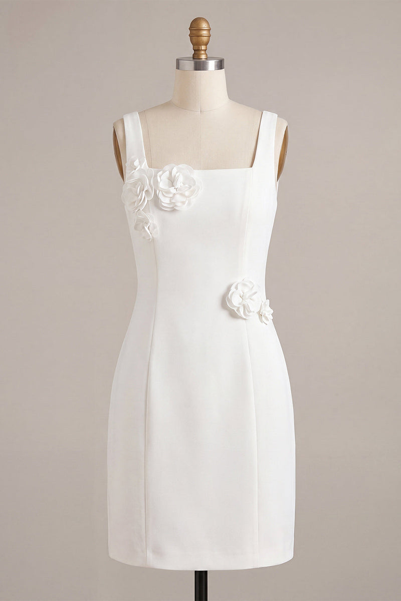 Load image into Gallery viewer, White Tight Satin Square Neck Short Graduation Dress with 3D Flowers