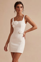 Load image into Gallery viewer, White Tight Satin Square Neck Short Graduation Dress with 3D Flowers