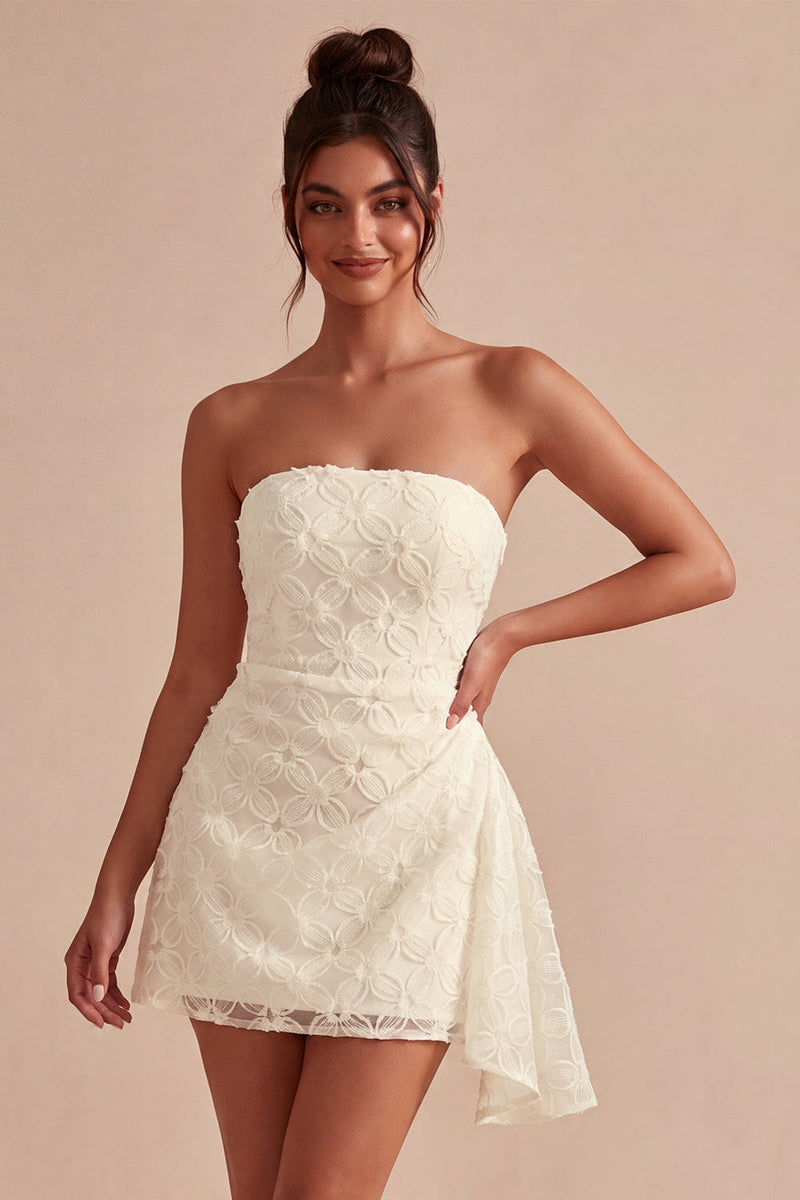 Load image into Gallery viewer, White Tight Ruched Floral Short Graduation Dress with Side Cape