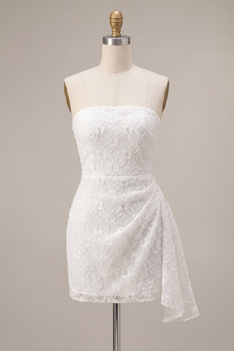 Load image into Gallery viewer, White Tight Ruched Floral Short Graduation Dress with Side Cape