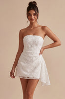 Load image into Gallery viewer, White Tight Ruched Floral Short Graduation Dress with Side Cape