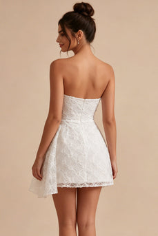 White Tight Ruched Floral Short Graduation Dress with Side Cape