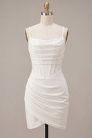Load image into Gallery viewer, White Tight Ruched Corset Spaghetti Straps Short Graduation Dress