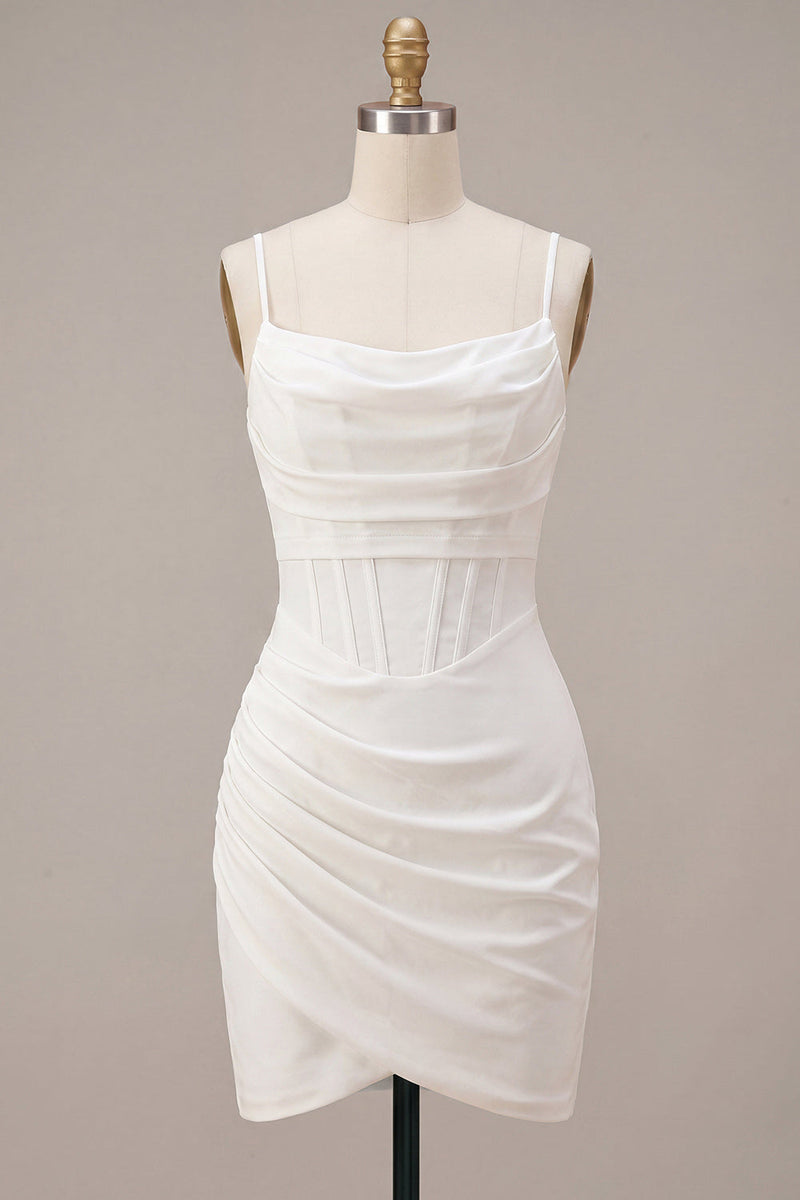 Load image into Gallery viewer, White Tight Ruched Corset Spaghetti Straps Short Graduation Dress