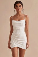 Load image into Gallery viewer, White Tight Ruched Corset Spaghetti Straps Short Graduation Dress
