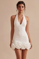 Load image into Gallery viewer, White Tight Halter Neck Short Graduation Dress with 3D Flowers