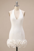 Load image into Gallery viewer, White Tight Halter Neck Short Graduation Dress with 3D Flowers
