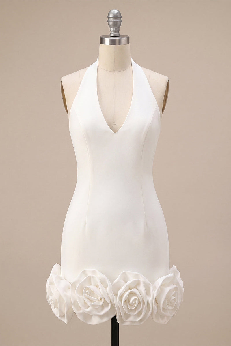 Load image into Gallery viewer, White Tight Halter Neck Short Graduation Dress with 3D Flowers