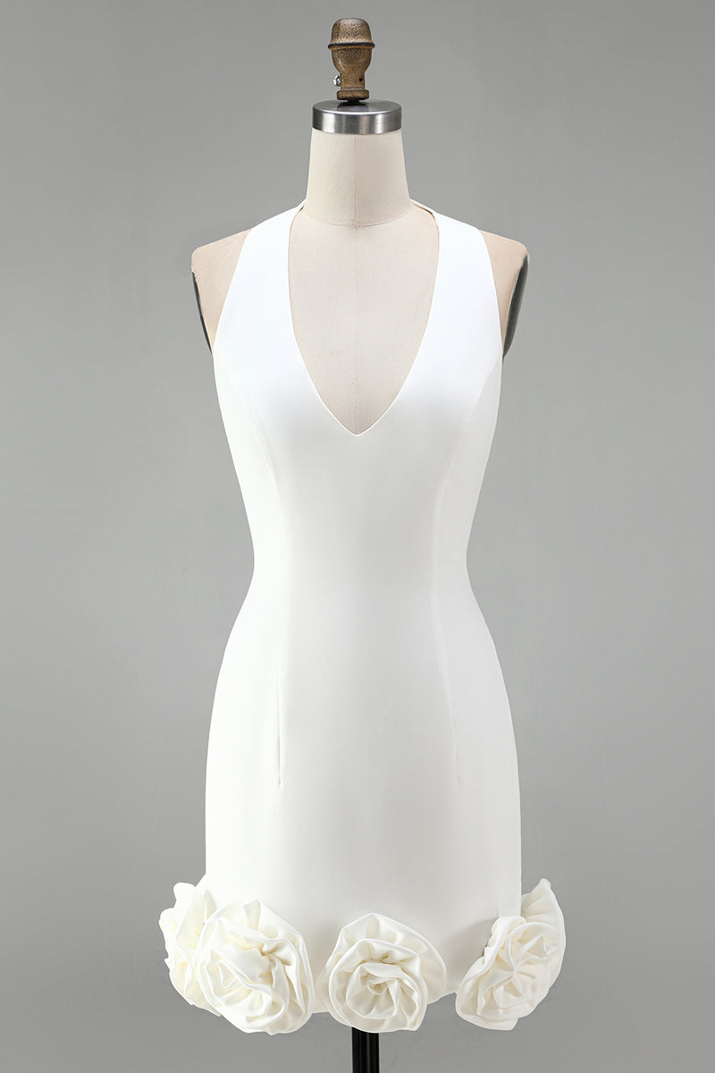 Load image into Gallery viewer, White Tight Halter Neck Short Graduation Dress with 3D Flowers