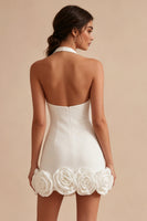Load image into Gallery viewer, White Tight Halter Neck Short Graduation Dress with 3D Flowers