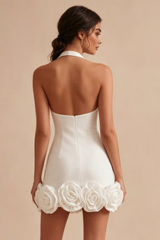White Tight Halter Neck Short Graduation Dress with 3D Flowers