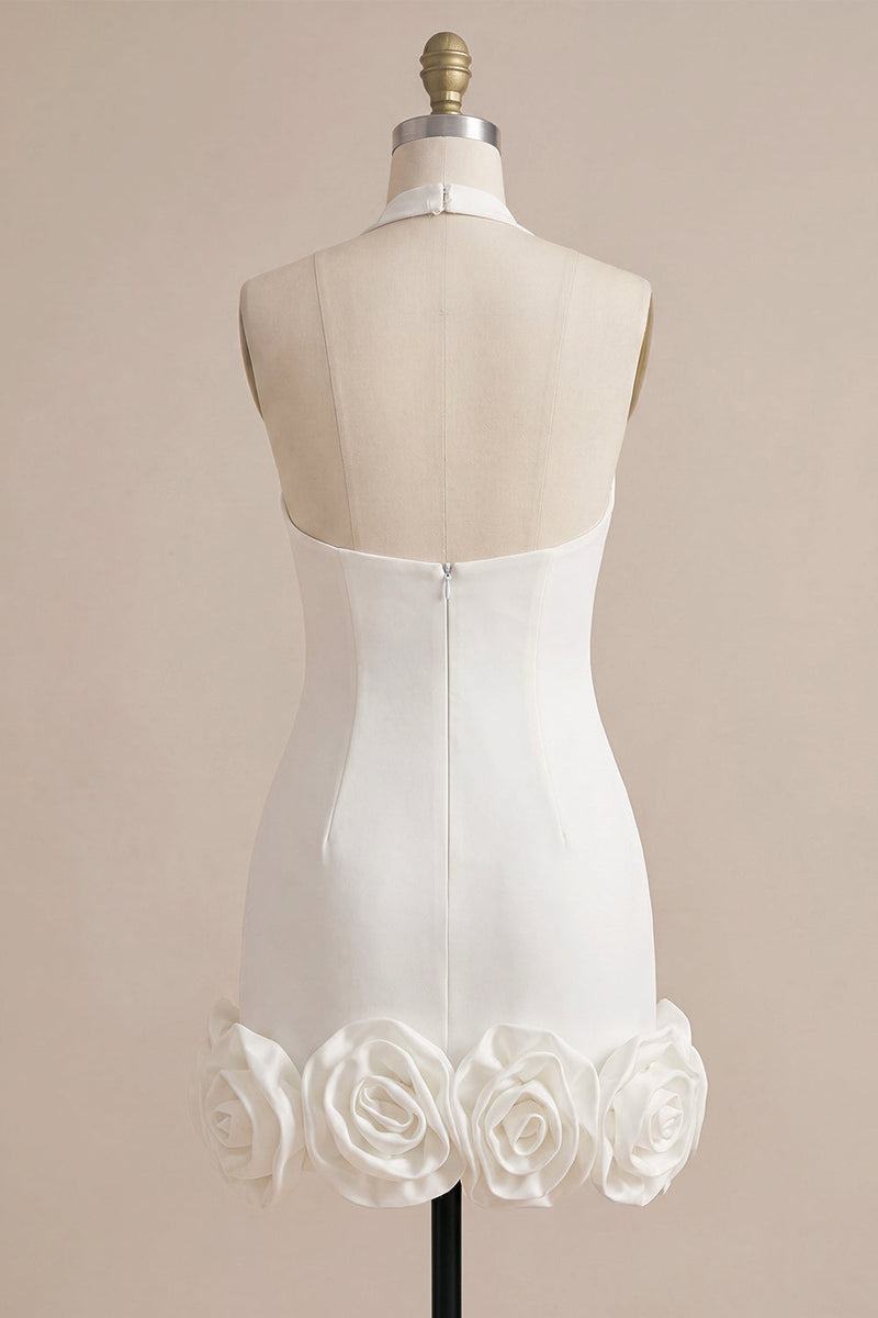 Load image into Gallery viewer, White Tight Halter Neck Short Graduation Dress with 3D Flowers