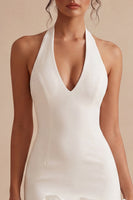 Load image into Gallery viewer, White Tight Halter Neck Short Graduation Dress with 3D Flowers