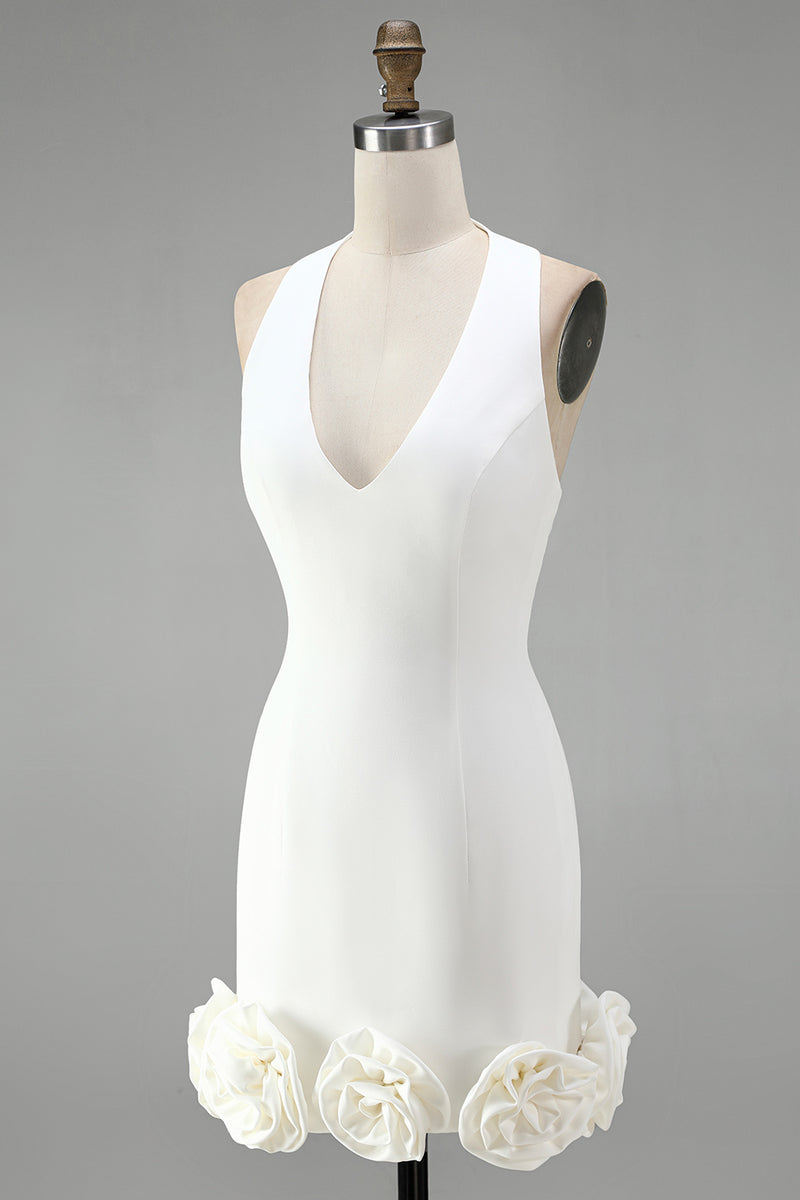 Load image into Gallery viewer, White Tight Halter Neck Short Graduation Dress with 3D Flowers