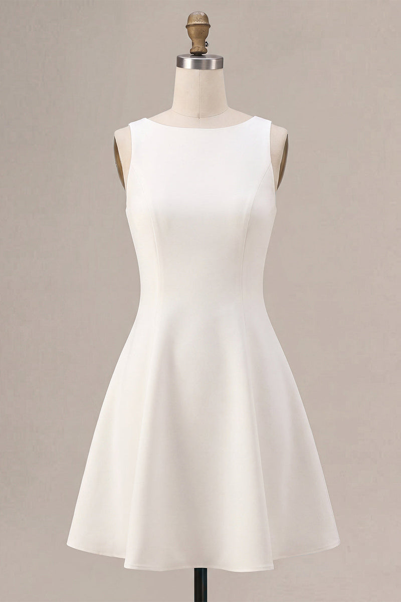 Load image into Gallery viewer, White Boat Neck A-Line Satin Short Graduation Dress