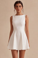 Load image into Gallery viewer, White Boat Neck A-Line Satin Short Graduation Dress