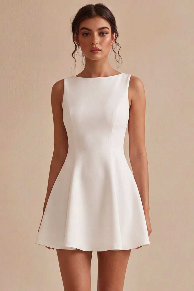 Load image into Gallery viewer, White Boat Neck A-Line Satin Short Graduation Dress