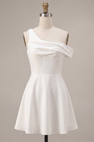 Load image into Gallery viewer, White A-Line One Shoulder Short Graduation Dress