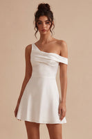 Load image into Gallery viewer, White A-Line One Shoulder Short Graduation Dress