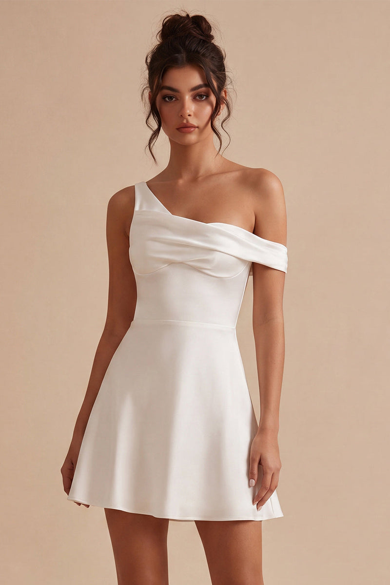 Load image into Gallery viewer, White A-Line One Shoulder Short Graduation Dress