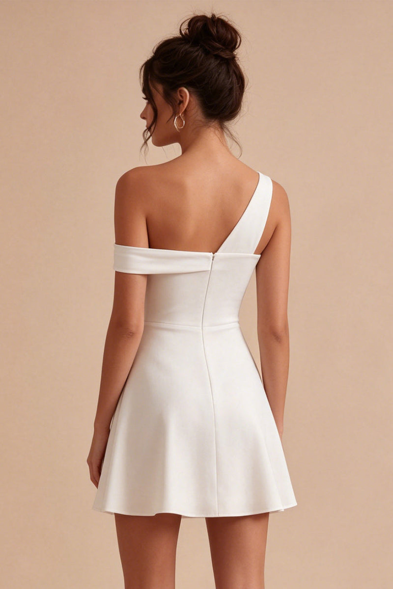 Load image into Gallery viewer, White A-Line One Shoulder Short Graduation Dress