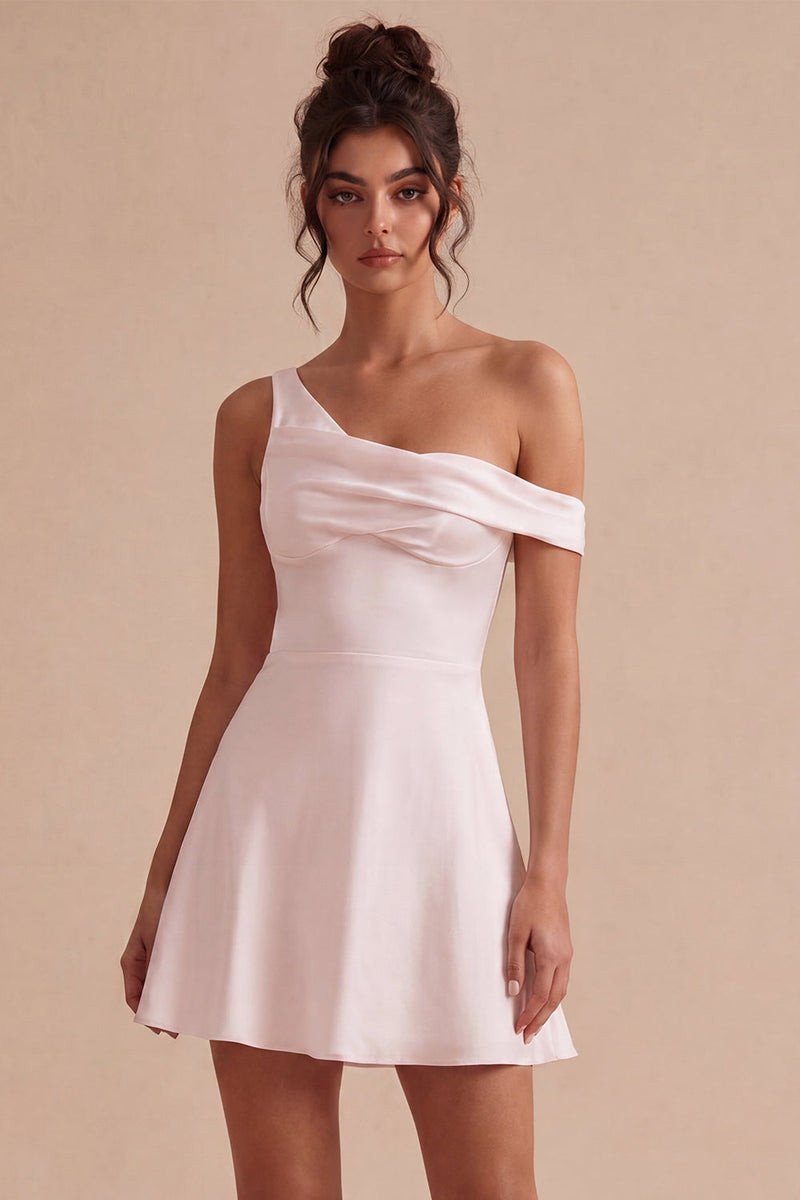 Load image into Gallery viewer, White A-Line One Shoulder Short Graduation Dress