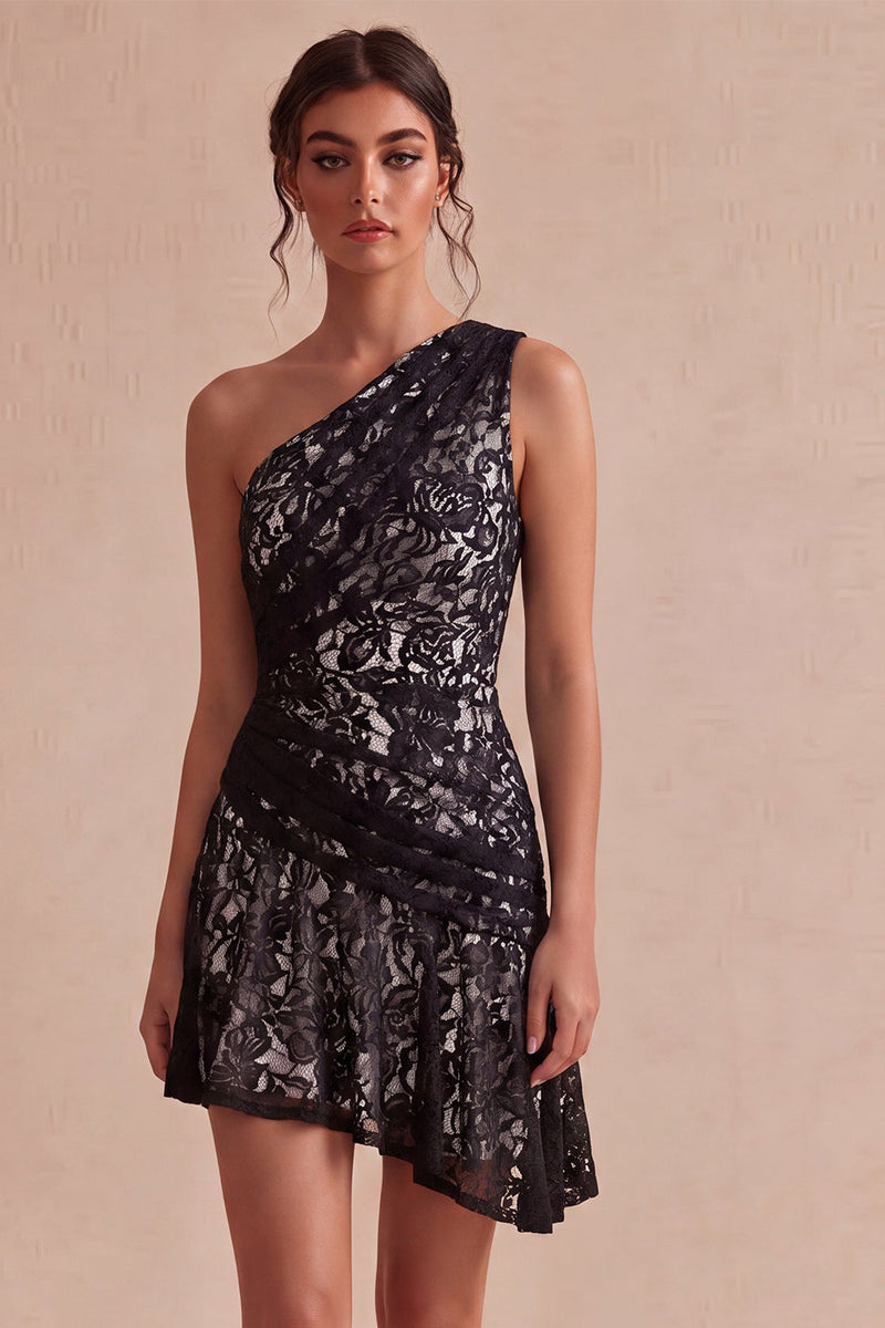Load image into Gallery viewer, White Lace Ruched One Shoulder A-Line Short Graduation Dress