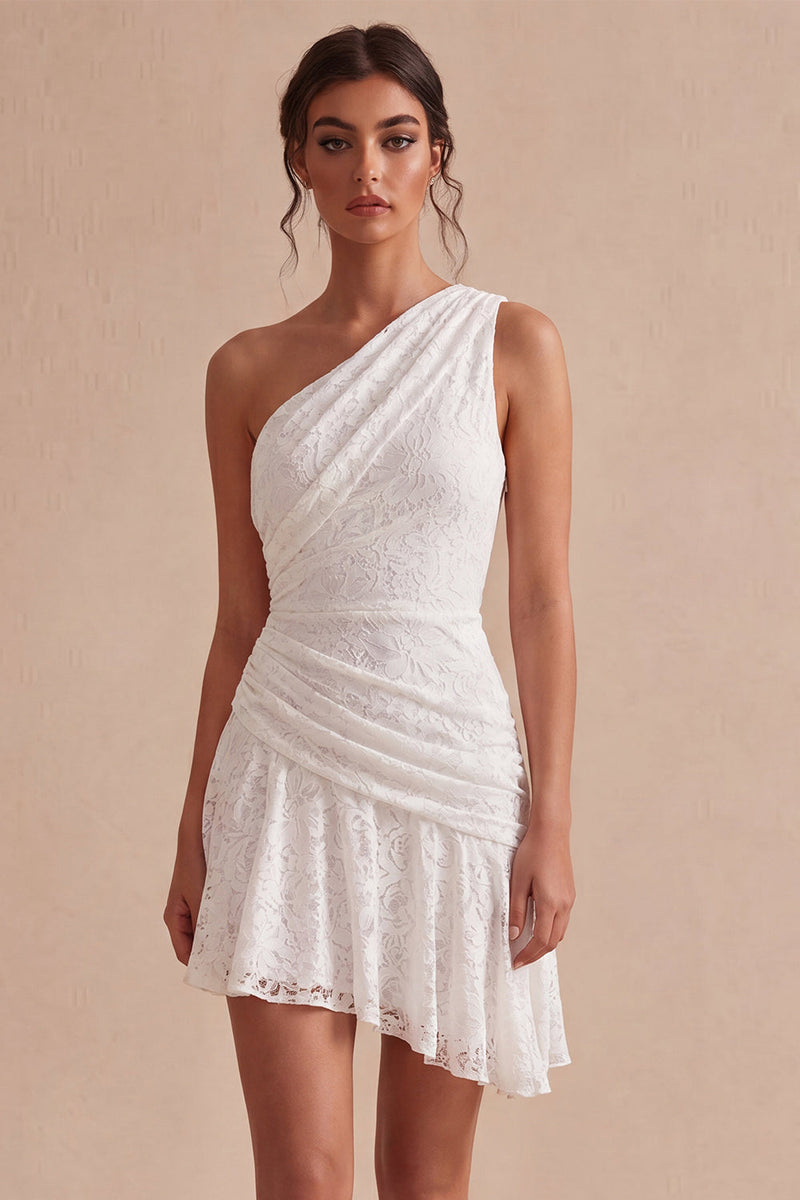 Load image into Gallery viewer, White Lace Ruched One Shoulder A-Line Short Graduation Dress