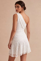 Load image into Gallery viewer, White Lace Ruched One Shoulder A-Line Short Graduation Dress