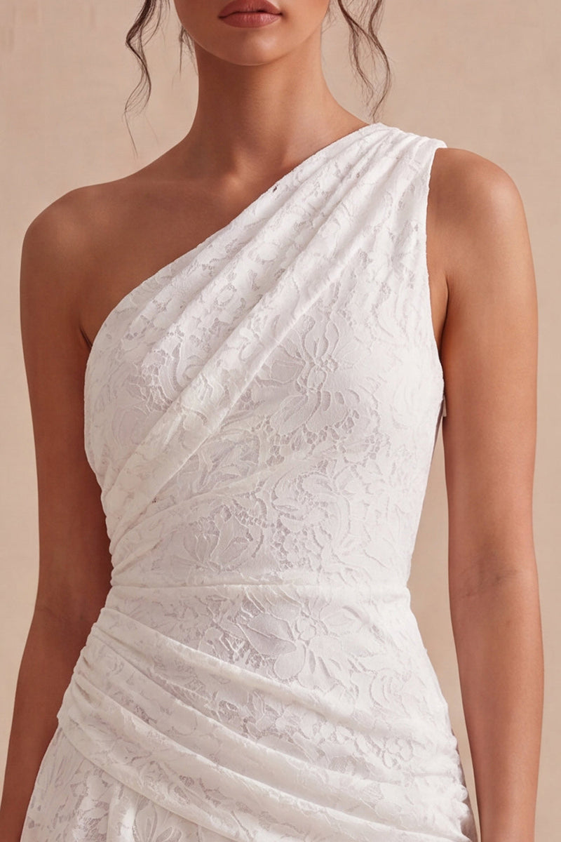 Load image into Gallery viewer, White Lace Ruched One Shoulder A-Line Short Graduation Dress