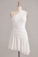 Load image into Gallery viewer, White Lace Ruched One Shoulder A-Line Short Graduation Dress
