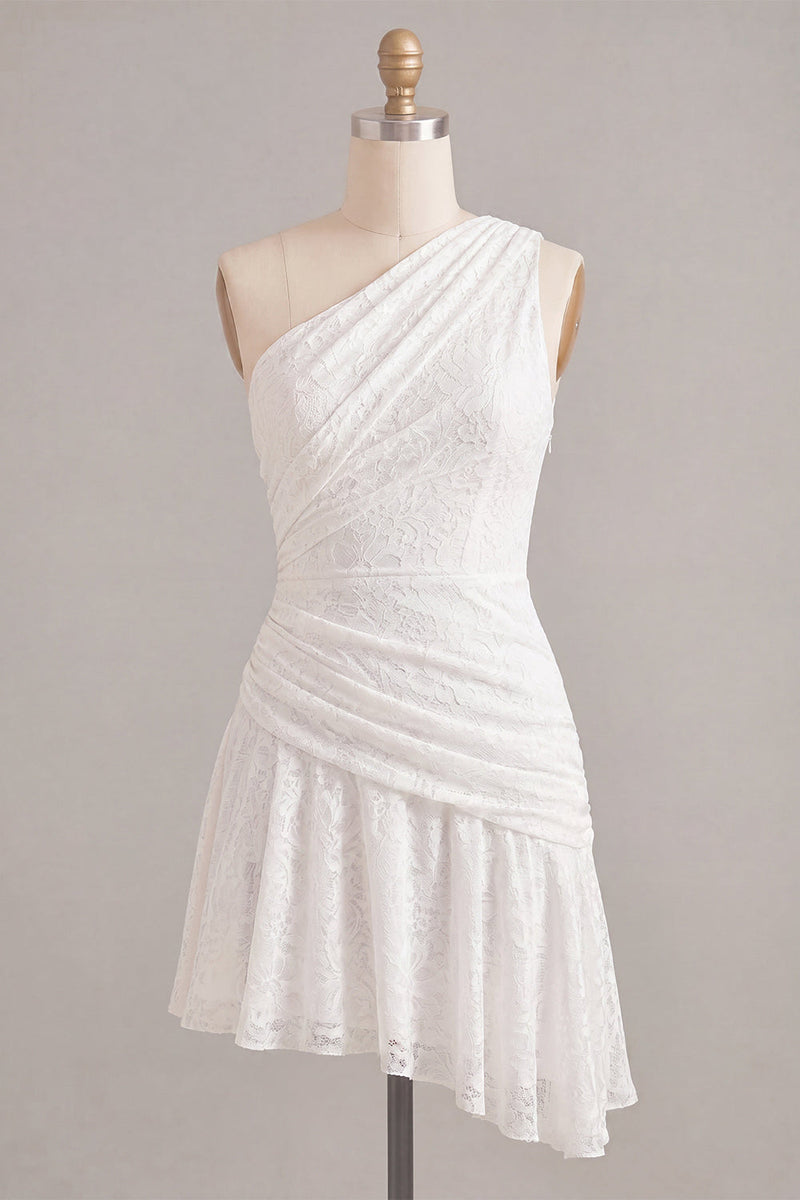 Load image into Gallery viewer, White Lace Ruched One Shoulder A-Line Short Graduation Dress