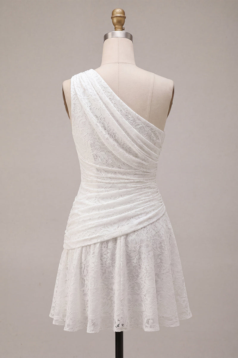 Load image into Gallery viewer, White Lace Ruched One Shoulder A-Line Short Graduation Dress