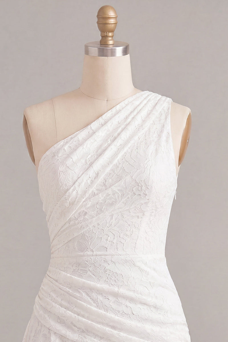 Load image into Gallery viewer, White Lace Ruched One Shoulder A-Line Short Graduation Dress