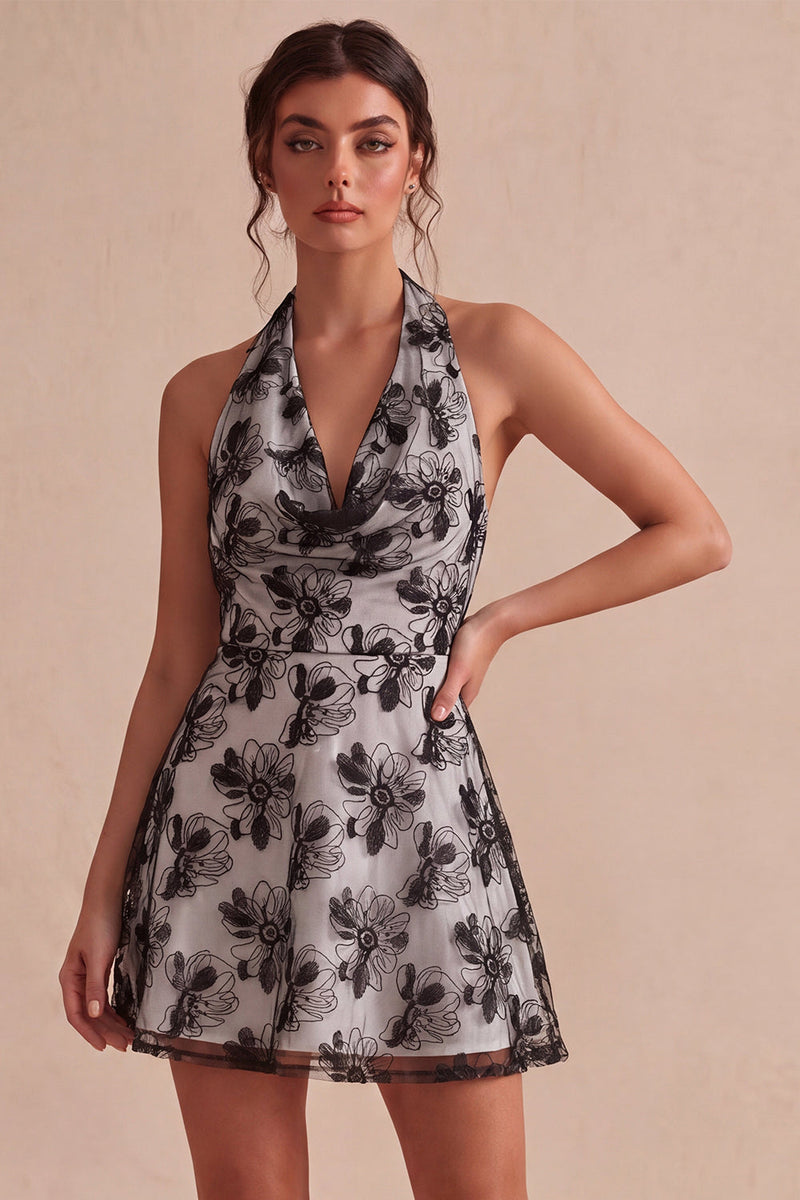 Load image into Gallery viewer, Floral White Halter Neck A-Line Short Graduation Dress