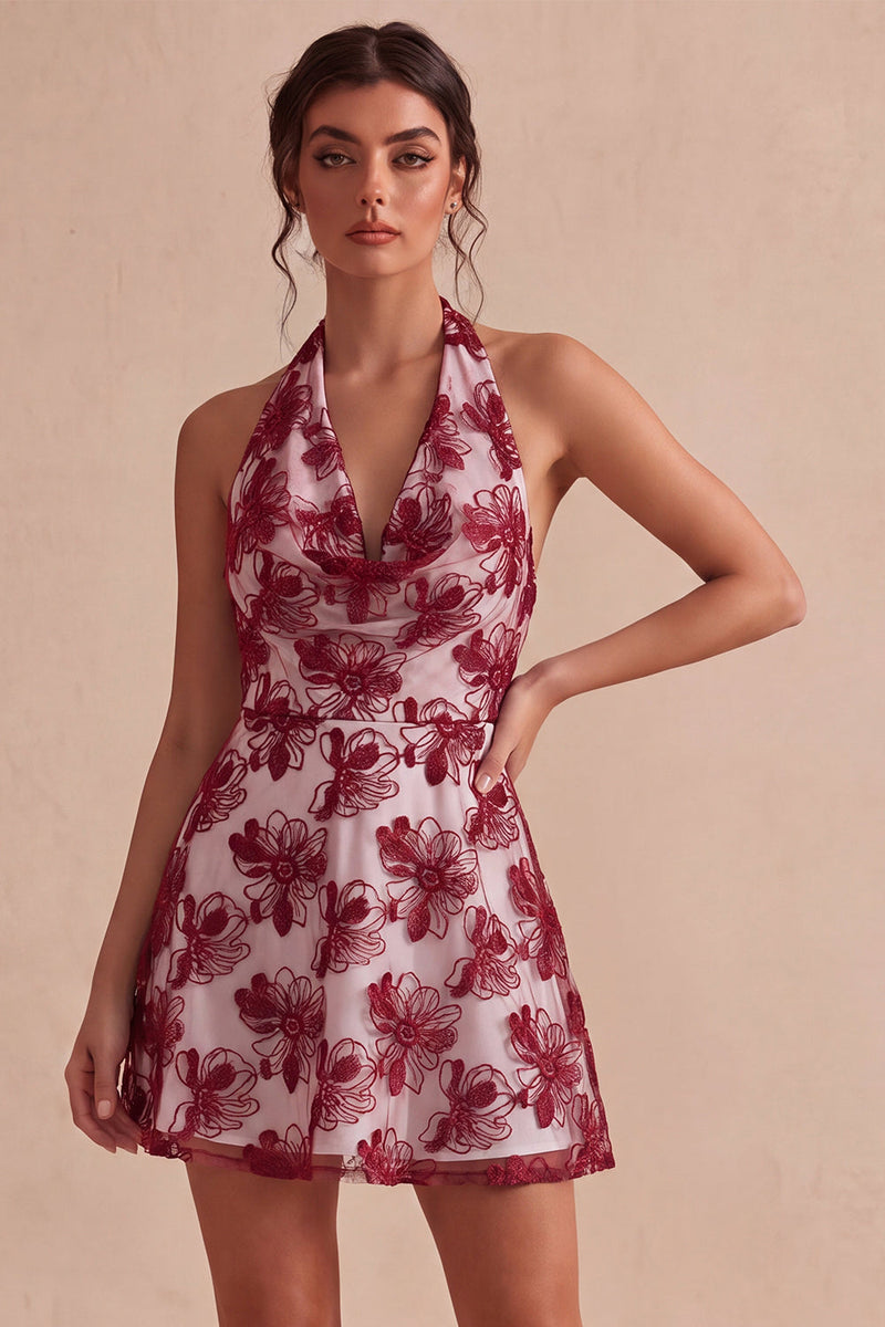 Load image into Gallery viewer, Floral White Halter Neck A-Line Short Graduation Dress