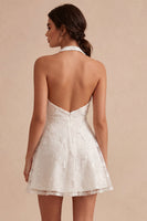 Load image into Gallery viewer, Floral White Halter Neck A-Line Short Graduation Dress