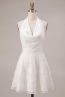 Load image into Gallery viewer, Floral White Halter Neck A-Line Short Graduation Dress
