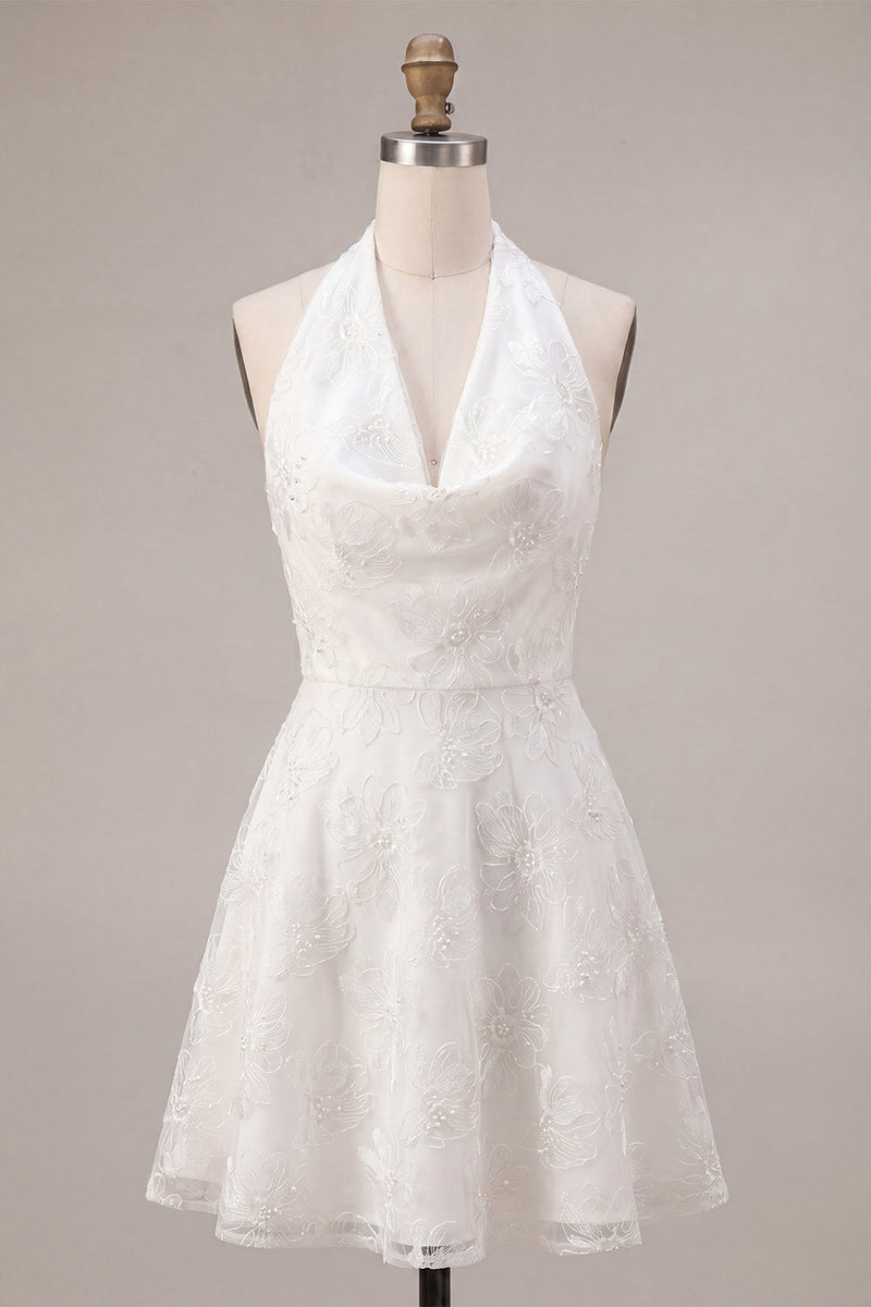 Load image into Gallery viewer, Floral White Halter Neck A-Line Short Graduation Dress