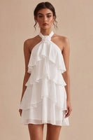 Load image into Gallery viewer, White Tiered Ruffled A-Line Short Graduation Dress with 3D Flower
